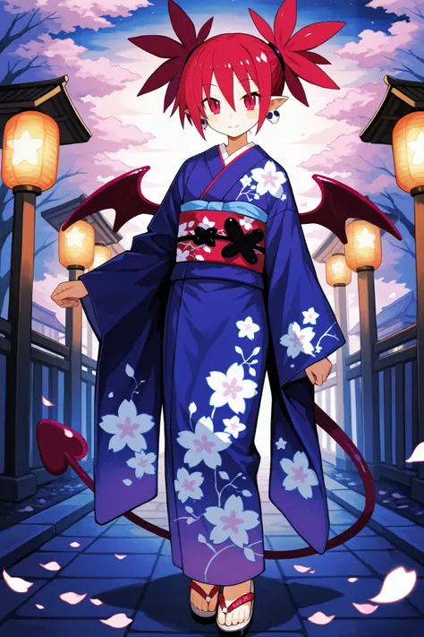 anime-style illustration of a vibrant fantasy girl/(etna /(disgaea/),red twin-tail hair, wearing an elegant blue and purple kimono with floral and star motifs, decorative obi, and traditional sandals/), standing gracefully in a mystical cherry blossom gard...