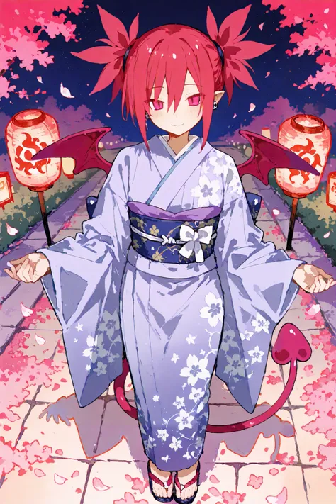 xxx667_illu,r17329_illu,SagawaStyle,anime-style illustration of a vibrant fantasy girl/(etna /(disgaea/),red twin-tail hair, wearing an elegant blue and purple kimono with floral and star motifs, decorative obi, and traditional sandals/), standing graceful...