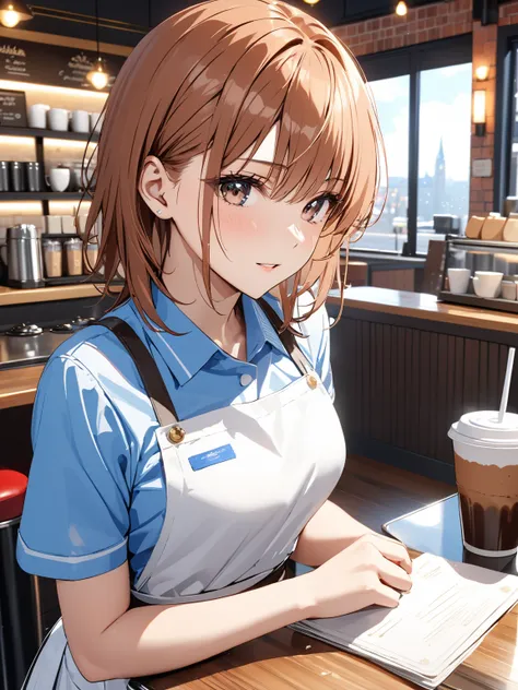  coffee shop,  waitress, ( Misaka Mikoto), masterpiece:1.5, masterpiece, highest quality, UHD, retina, masterpiece, accurate anatomy, super detailed, high quality, best quality, 8k