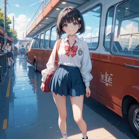 jet black hair color, bob cut hairstyle,blue eyes, Pleated miniskirt,cute girl the secondary school anime style,A shy smile on your face,super fine illustration,solo,wearing ankle-length socks,She is wearing cute underwear with a floral pattern.girl walkin...