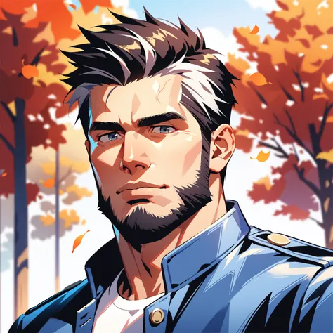 manly, autumn, trees with orange leaves background, tree background, young male, black beard, dyed hair, platinum hair, modern style, jacket and dark jeans, masterpiece, detailed face, manly, modern outfit, handsome male, eye focus, 25 years old, upper bod...