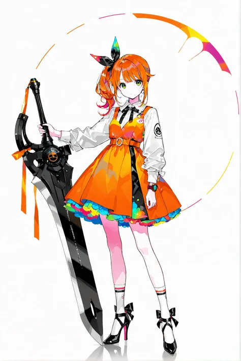 （ white background， stands，whole body， high heels， front view,Standing picture:1.7)，HoleHeels，oval/Circle/Thorn/Horn Heels，,limited color palette,Colorful, vivid colors ,black light ,watch,  Masterpiece, very beautiful, 1girl ,orange hair,green eyes,long h...