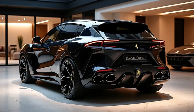 Design a back rear view of a ultra luxurious 2025 Ferrari Purosangue V12 SUV  with a polished pearl black exterior finish, full back rear  ultra widest body kit imaginable. The design features dramatically exaggerated fender flares, extending outword to an...