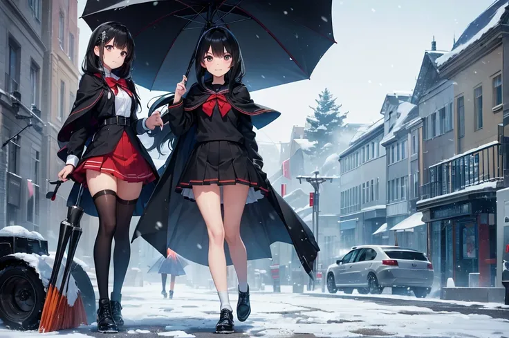 High image quality, high resolution, smooth gradation, vivid colors, a black cloak, a black student uniform, black stockings, black lace-up shoes, black hair, a high school girl, On the road in front of the school gate, a wheel loader is clearing the accum...