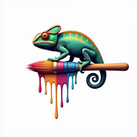 A chameleon on top of a brush with the bristles wet with colored paints, designed as a logo minimalist