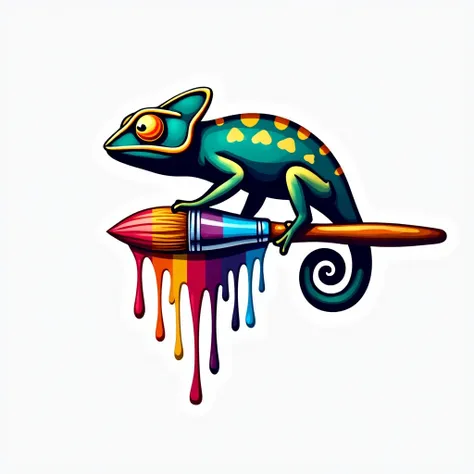 A chameleon on top of a brush with the bristles wet with colored paints, designed as a logo minimalist