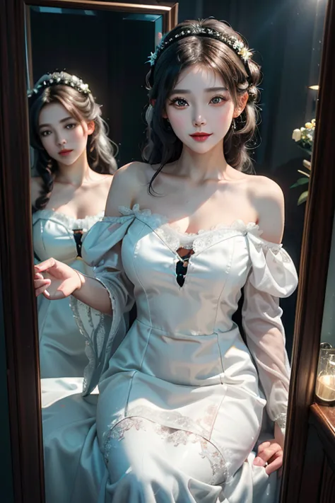 (GREEN'S FAIRY TALE WORLD),(Snow White,snow White:1.3),( Gorgeous Headgear,Dream Bride:1.3))),(((The girl in the mirror;1.3))),Snow White的肌肤, Red cheeks and lips,Dark Eyes Like Obsidian Window Frames.(((Off Shoulder Lace Gothic Dress))),(Clothes that empha...