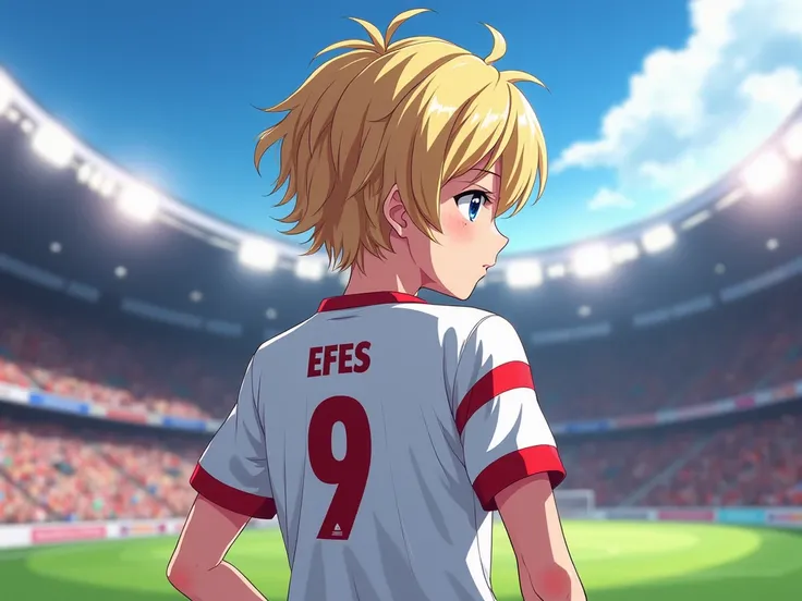 girl with short blonde hair wearing a white football jersey with EFES written on the back and 9 underneath it 
anime champiopns league