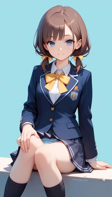 1girl, Best Quality, Very detailed, Ultra-high resolution, cowboy shot, (smile, blue eyes, cute eyes), small breasts, slender, {dark brown hair, Short Hair, waved hare}, ((low pigtails)), student uniform,  {dark blue blazer, White shirt, yellow Ribbon, ((g...