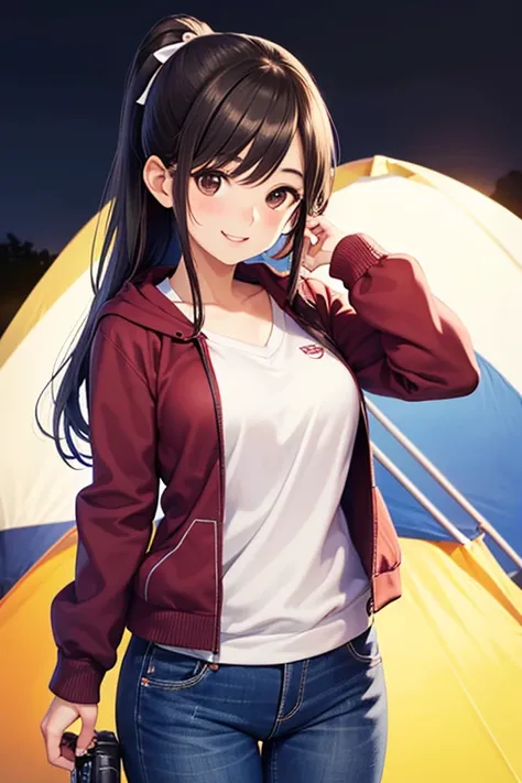 Takane Manaka, shiny brown long hair, pony tail with ribbon、beautiful brown eyes, smiling face, sparkling pupils, (fine grain), highly detailed eyes, highly detailed face, highly detailed eyes,, (masterpiece:1.2, best quality), 1 girl, cowboy shot,, 


cow...