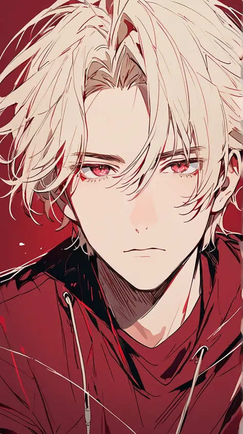 academic, solid color background with red feel, man, alone, Platinum blonde hair,  handsome, burgundy top, bright atmosphere, Pastel tones, Hand drawn feel, rough lines, Focus on the face, Strong feeling, Passionate, looking at me, Red sketch