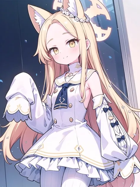 solo, masterpiece, best quality, good hands, very long hair, straight hair, blonde hair, 1girl seia halo, detached sleeves white frilled dress white sailor collar sleeves past wrists white pantyhose, yellow eyes, white pantyhose, light smile