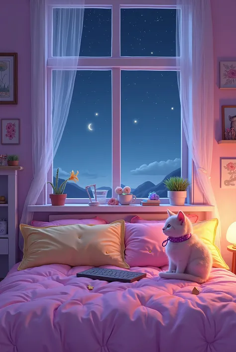 Generate a setup of a girl with a pc , your kawaii decorations with a window that is at night when you can see the stars and the moon, Fourth color purple , Pink bed , yellow cushions with little stars , He has a small American short-haired Tigrillo kitten...