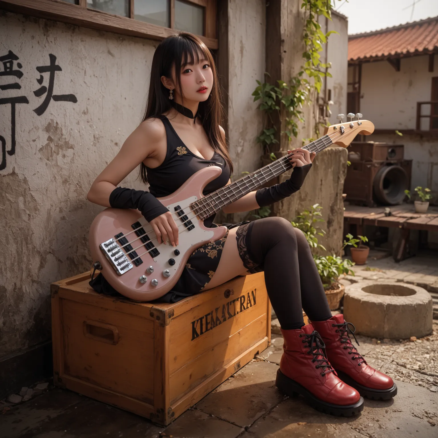 score_9, score_8_up, score_7_up,
1girl, chinese girl, upper body, best quality, high detail, 4k, ideal body, playing bass, tulisan zudoteki, big breast, background kota hancur 