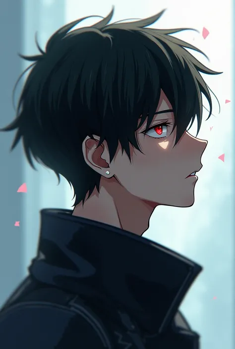 Anime guy in profile,  with red eyes  