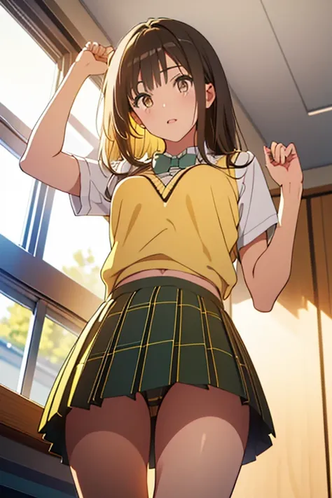 shirt lift , nudes,nude,  black hair, (brown eyes on the frame:1.5),  long hair,Open clothes in front 、 nudes、
break green  skirt,  plaid ,  plaid   skirt, sainan high  school uniform,  school uniform,  skirt,  sweater vest, ( yellow sweater :1.3),  Short ...