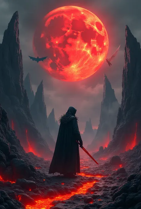 A terrifying, apocalyptic landscape with jagged, towering rock formations and rivers of molten lava. A mysterious hooded figure in a black, spiked cloak stands menacingly, holding a blood-stained sword. Above, a massive, cracked blood-red moon looms, casti...