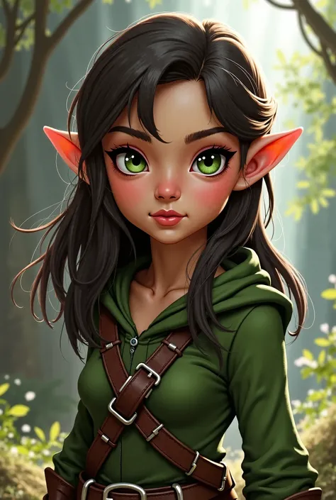 1girl, dark brown hair, rogue, thief, green eyes, elf, lips, cute, young, medieval, RPG, fantasy, slim body, adult, best quality, masterpiece, front view, real toon style