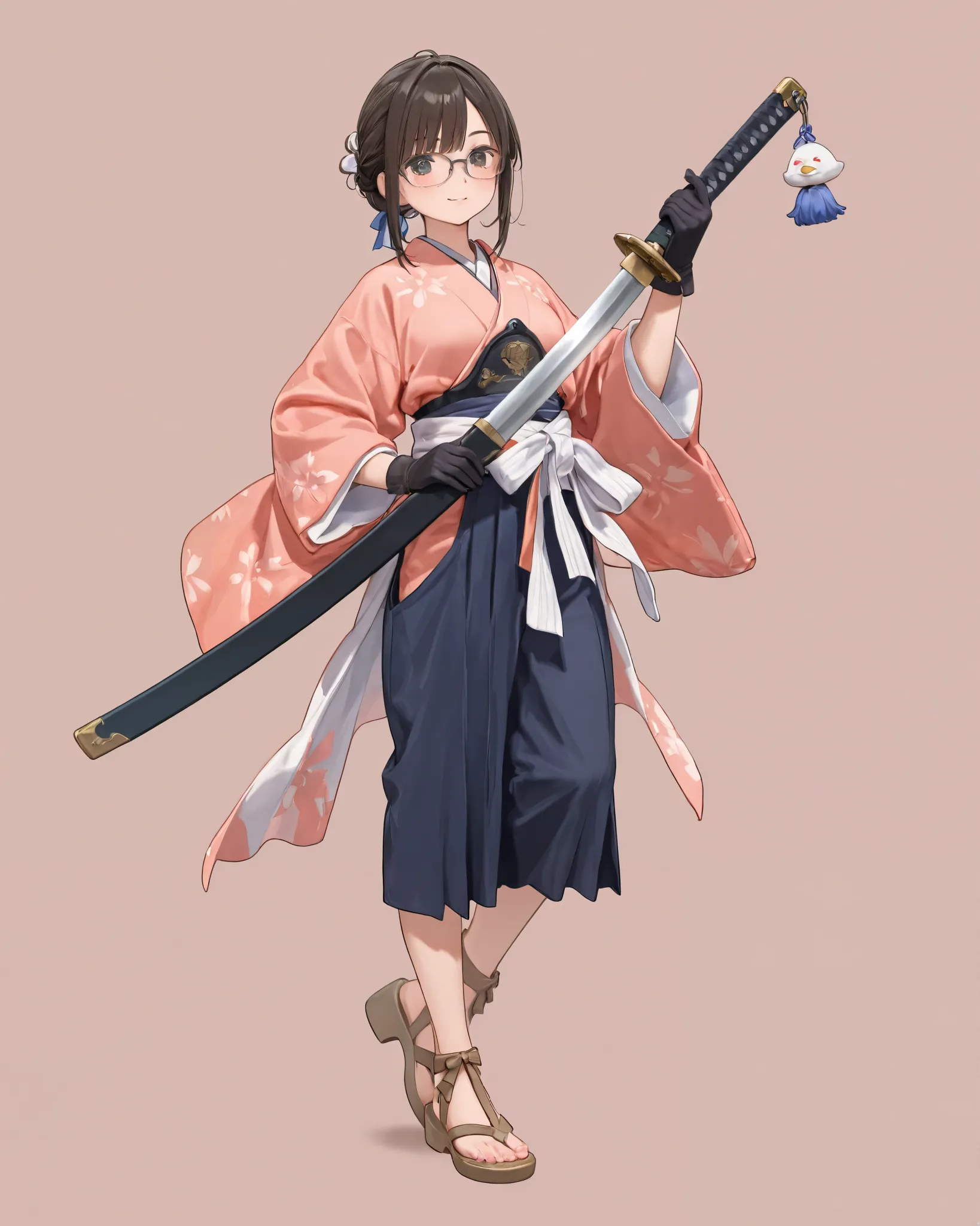 1 girl, Carrying a sword、Japanese clothing、Sandals、 simple background 、 gloves、Glasses、