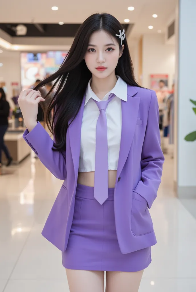 A 20-year-old Thai woman poses in a shopping mall. She wears a purple blazer, a white cropped button-down shirt, and a matching purple mini skirt. The blazer is a slim-fit, classic cut, and the shirt is fitted. A purple tie goes with the outfit. She has lo...