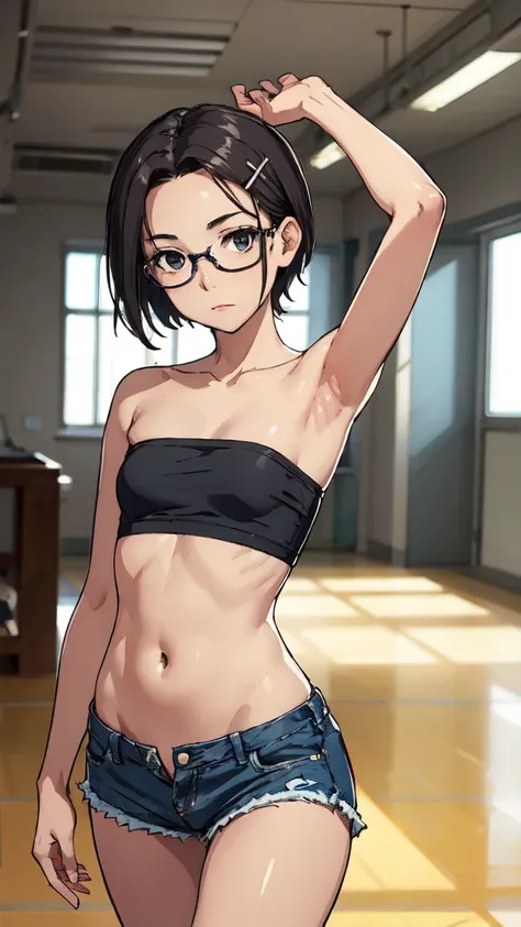  dark skin ,    dark eyes   , tomboy

 Fraction _9,  Fraction _8_up,  Fraction _7_up, source_  cartoon,
   Dark Hair,    black eyes , Glasses, Slim Short Hair  ，  Dark Hair Clip，
Forehead   , Black Strapless Top,  Bare shoulders , clavicle , shorts, Denim,...