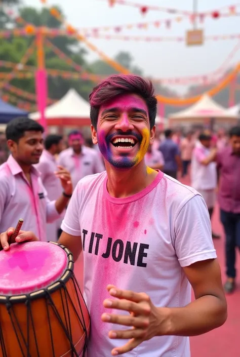 "Create a high-quality, clear image of a single person joyfully celebrating Holi. They are wearing a white outfit, now covered in vibrant colors, and a white T-shirt with 'IT JONE' written on it. They are enthusiastically playing a madal (traditional drum)...