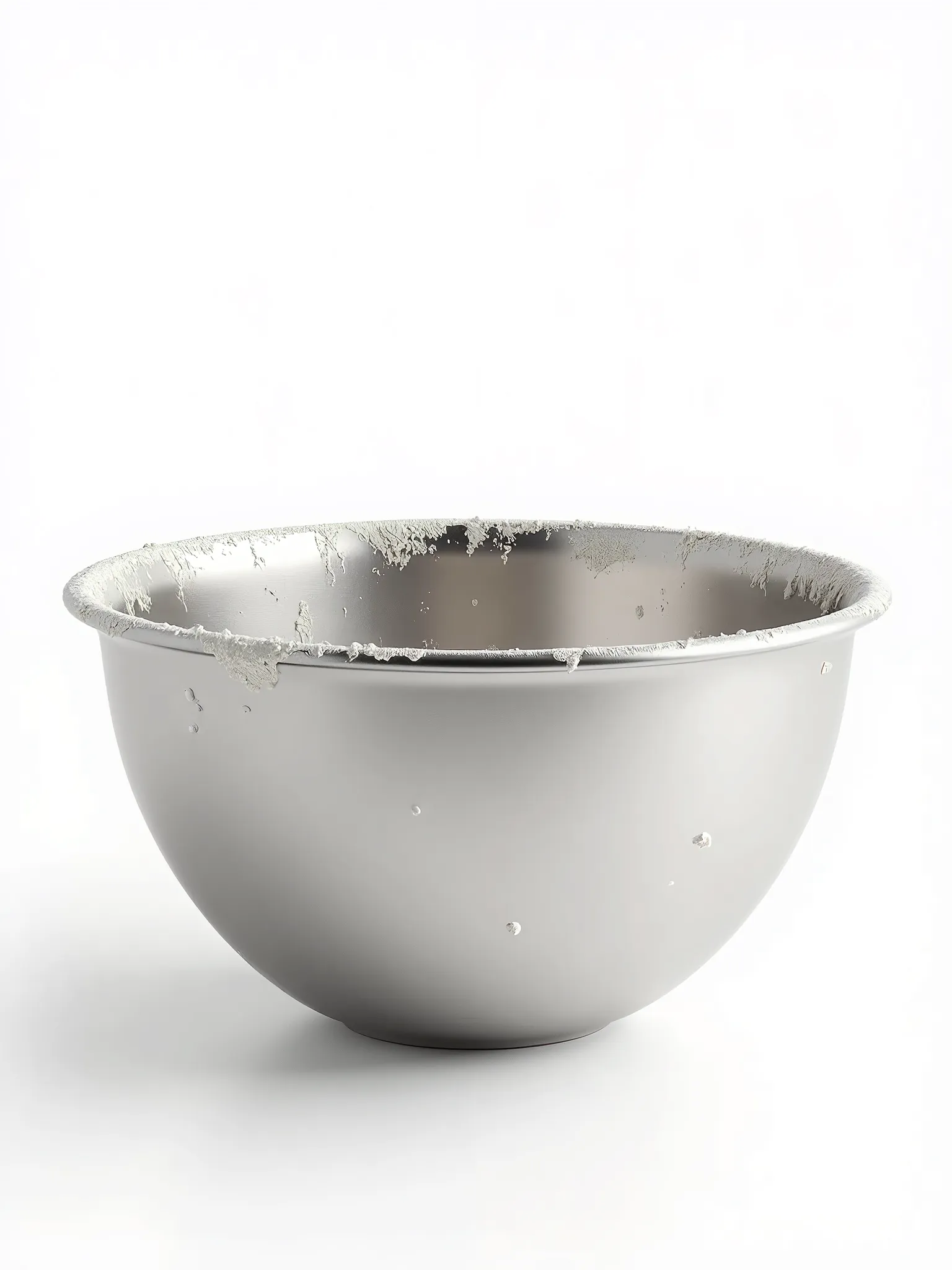 a photo realistic silver mixing bowl, plain and standard, covered in flour, background is white