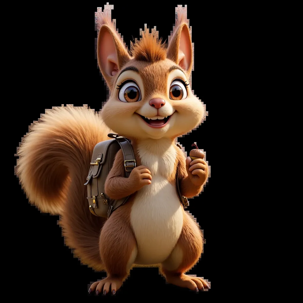 A cute, energetic squirrel with soft brown fur, big bright eyes, and a fluffy tail. The squirrel is standing on its hind legs, wearing a tiny cyan blue adventure backpack and holding a small acorn, in 10 different poses, depicted from various angles (front...