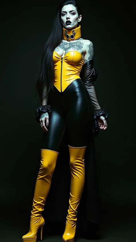 ANGELINA JOLIE, Dominatrix  , pale skin, vampire, nosferatu, dracula, BDSM, blue yellow latex , brilliant, metallic, corps latex noir, leggings en latex noir,   transparent latex Japanese latex kimono  , yellow latex over the knee boots stiletto platform, ...