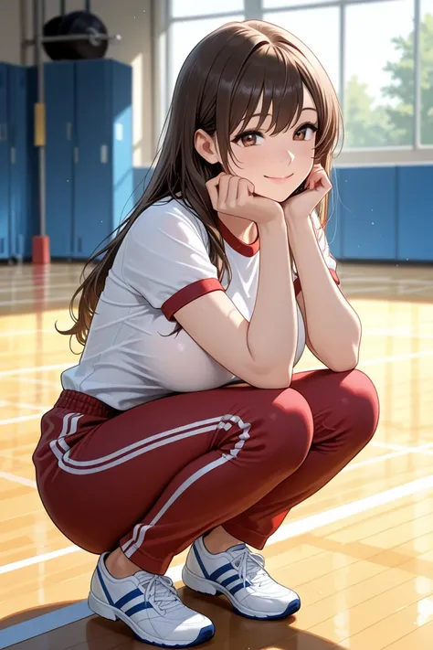 woman, Alone,
 masterpiece,  best quality,  so beautiful, very well detailed,　smile　Crouching in gym clothes nsfw　The pants are lowered to the knee