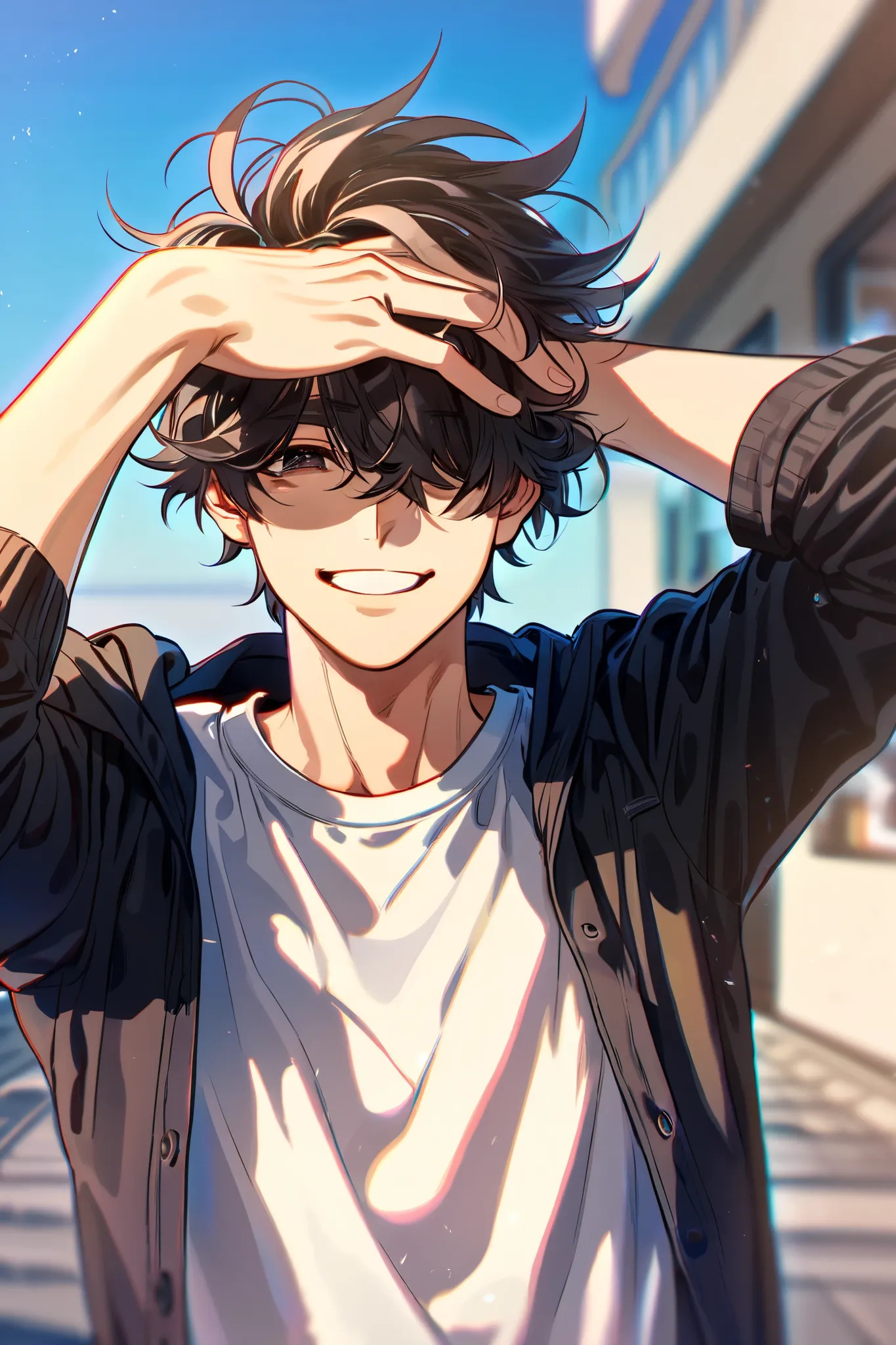 absurdres, highres, ultra detailed, HDR, master 
, best quality, 1 male, handsome, 25 years old, black messy hair, dark eyes, bangs covering his eyes, casual outfit, bright sky, outside , smiling 