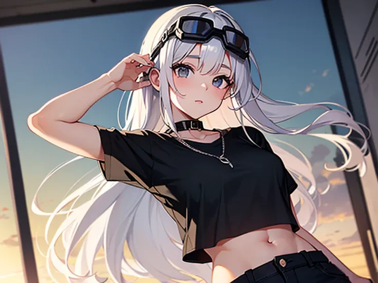 Frontal, long white hair, black eyes,Wear a cropped top with a chain, wearing black goggles on his head,girl