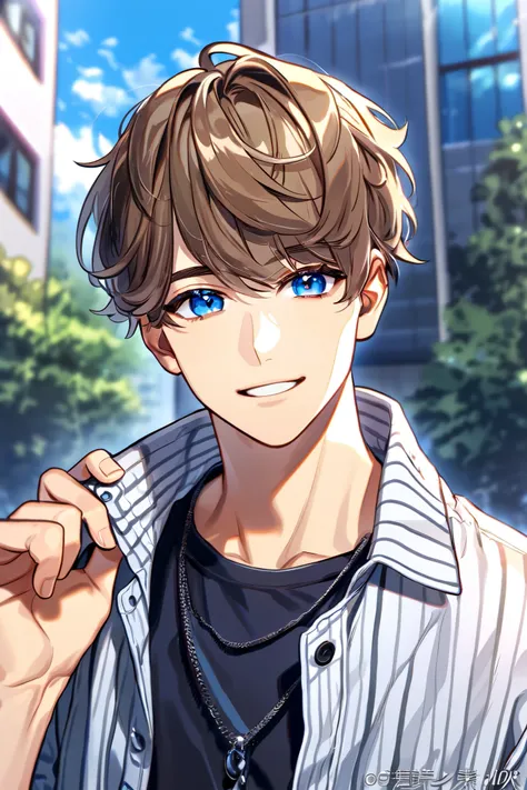 absurdres, highres, ultra detailed, HDR, master 
, best quality, 1 male, handsome, 25 years old, soft brown hair, blue eyes, casual outfit, bright sky, outside , smiling