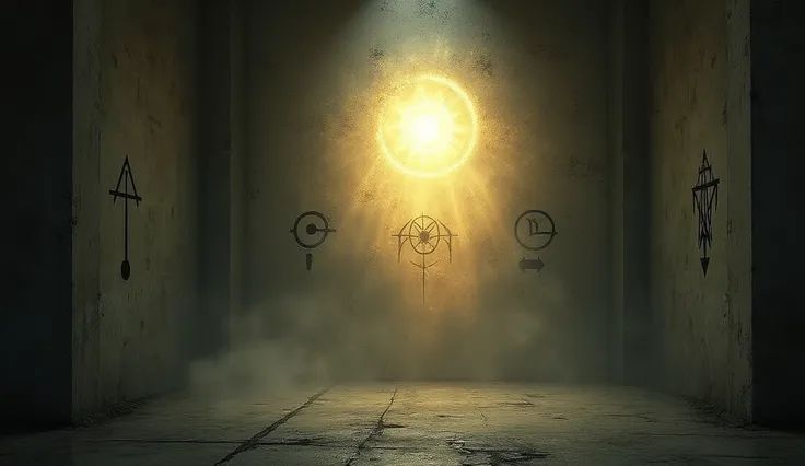 A symbolic scene in the basement where the dark symbols on the wall begin to fade, replaced by a soft, warm glow that signals the lifting of a heavy curse.