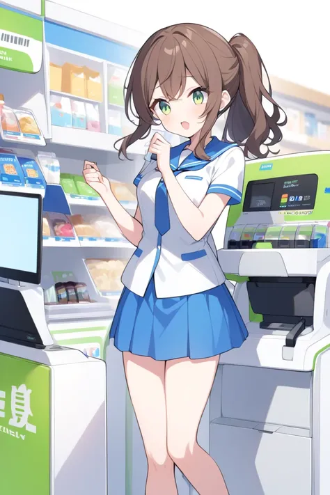 Girl working at convenience store、 facing the front、Combine FamilyMart uniforms with Lawson uniforms、Standing still、( female college student)、 no background、Sexy、hair brown、Light green eyes、Semi-long hairstyle、 half up、A  with an energetic personality、The ...