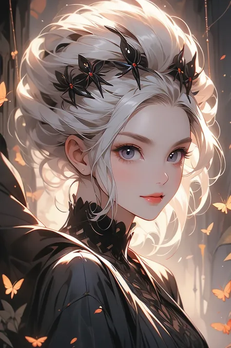 1girl, arachne, short white hair, dark cave, looking down at viewer, insect eyes, tall stature, evil smile