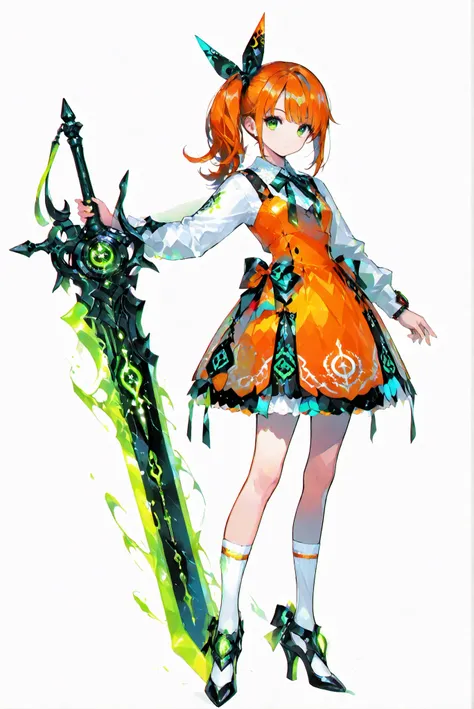 （ white background， stands，whole body， high heels， front view,Standing picture:1.7)，HoleHeels，oval/Circle/Thorn/Horn Heels，,limited color palette,Colorful, vivid colors ,black light ,watch,  Masterpiece, very beautiful, 1girl ,orange hair,green eyes,long h...