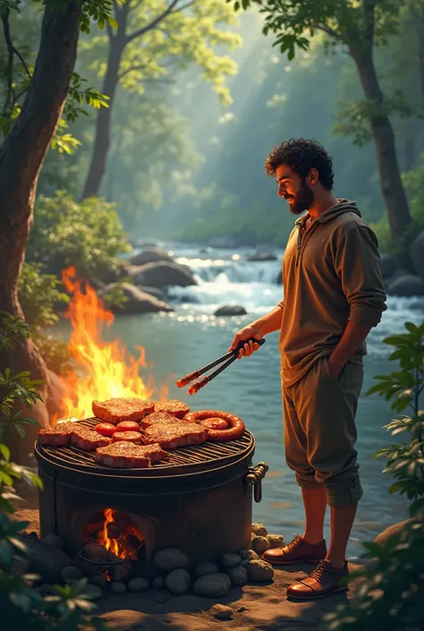 give me a picture of me barbecuing meat by the stream