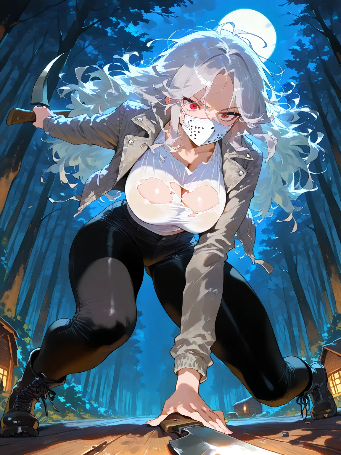 (masterpiece, best quality, amazing quality, very aesthetic), forest, night, moonlight, [wooden cabin], 1girl, \(solo, Grey Ripped Jacket, Jason Vorhees Girl , (white hockey mouth mask), boots, black pants, big breasts, [machete], long hair, messy hair, si...