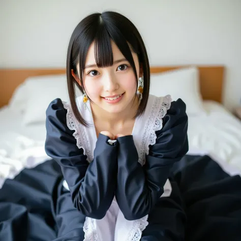 (Black Long Maid Cross :1.3, Long Sleeve Ruffle ,   White Maid Apron , White prim head), (Sit with your knees hugged:1.3), (full length, whole body,  Turn Your Body Forward ), (  black hair, , ( Slim Waist and Big Chest Style, I'm short:1.2),  Short Bob,  ...