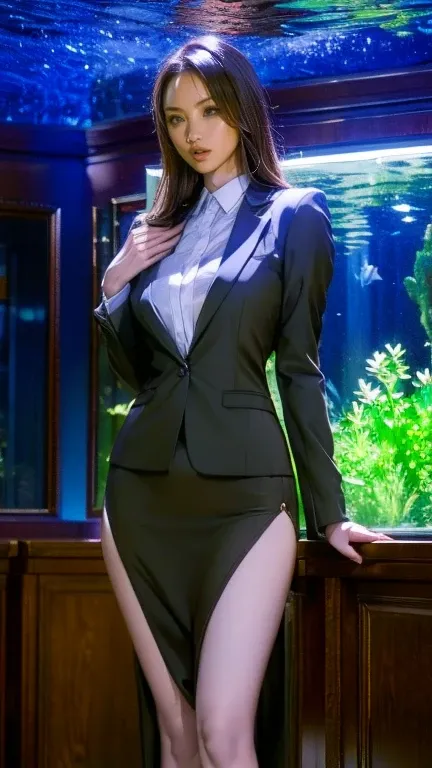  top quality , exist , tall very elaborate  , finely,  high resolution, 8k wallpaper, beauty of aquarium architecture  ,,  light brown tousled hair  ,  I wore a business suit ,Wearing a slit skirt  、  Sharp Concentration,  perfect configuration for perform...