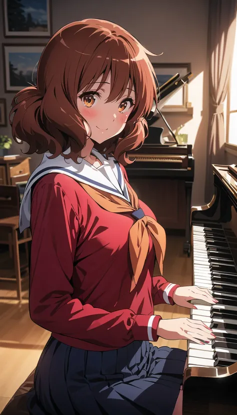 ( beautiful girl : 1.3),1 girl,(Oumae Kumiko),( sailor suit, Long Sleeve, skirt,underwear, pubic hair),smile, is embarrassing,blush,sit, plays the piano,Music Room,evening,masterpiece, best quality, super high resolution, rich contrast , high definition,8k...