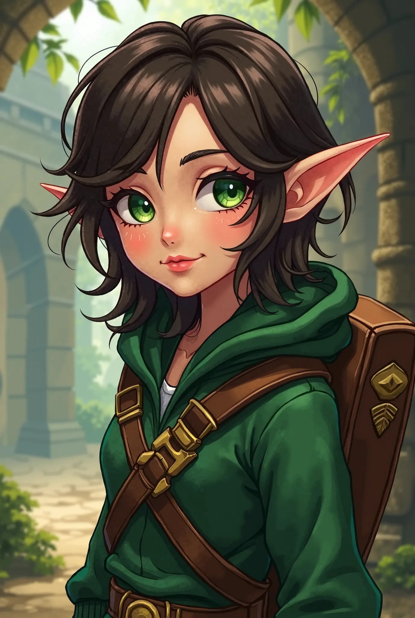 1girl, dark brown hair, rogue, thief, green eyes, elf, lips, cute, young, medieval, RPG, fantasy, slim body, adult, best quality, masterpiece, front view, anime toon style