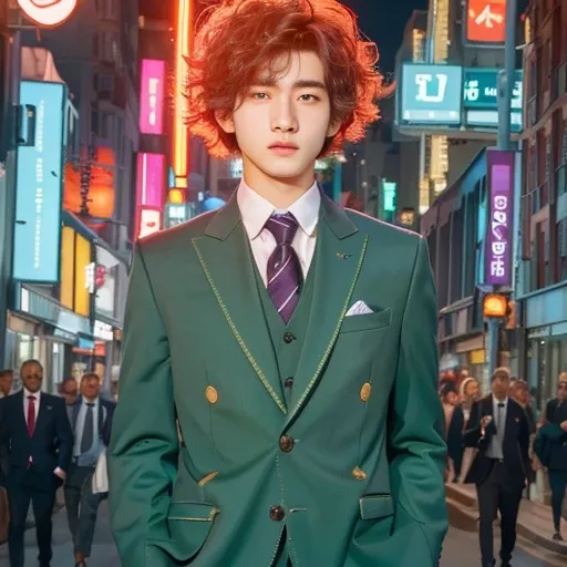 Handsome boy green suit and tie standing in a busy city streets