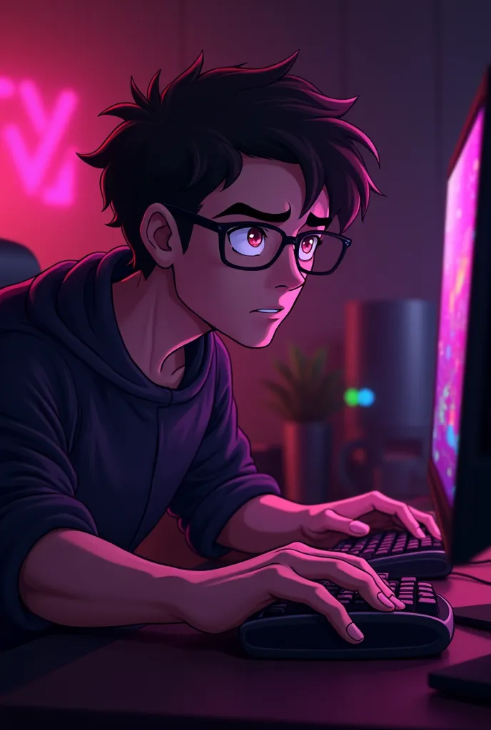 Create an animated image of a male gamer playing on a computer, Use colors like fuchsia and black