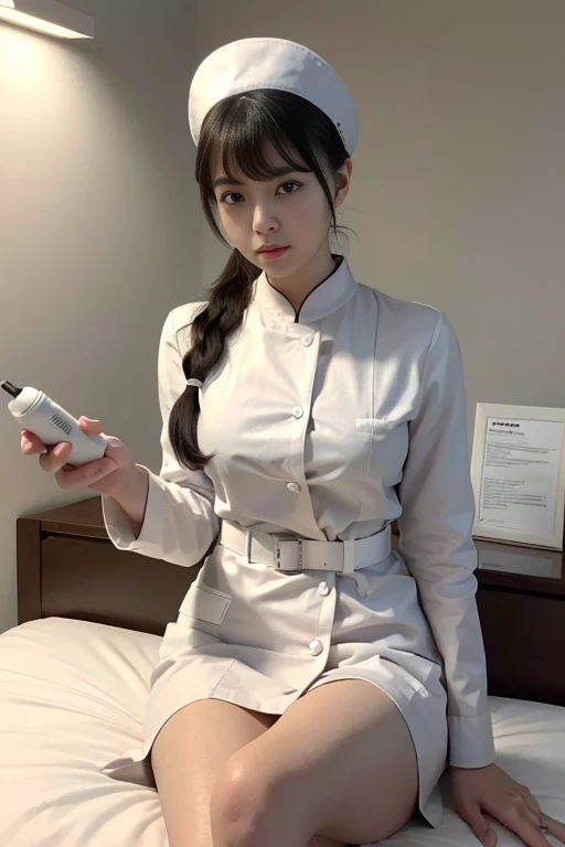  masterpiece , realist, 8k 1 asian girl. wear white long sleeve nurse band collar uniform and striped side buttons,  outerwear,  exposing her breasts .  long wavy dark hair, bangs, ponytail hair ties, with nurse's hat. lying on the patient's bed, holding a...