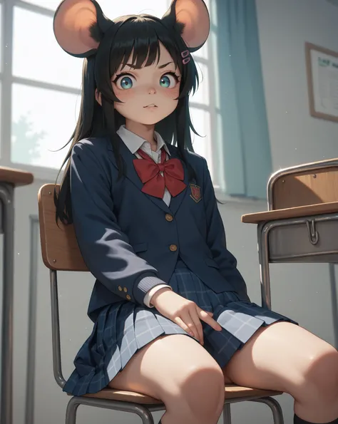 kawaii girl , mouse ear , school uniform , skirt , front view , sit on chair , (Dimly lit crotch) , (labia:0.1) , (upskirt:0.3)