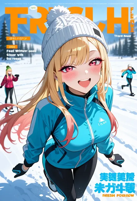 Marin Kitagawa, long hair, blonde hair, light pink ombre hair, red eyes, winter sports outfit, fitted ski jacket, fleece-lined leggings, fur-lined gloves, standing on fresh snow, laughing with flushed cheeks, tousled hair peeking out from under a knit bean...