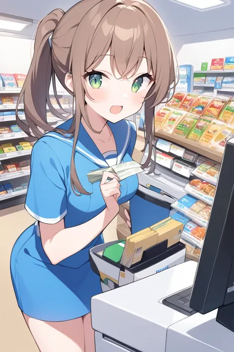 Girl working at convenience store、 facing the front、Combine FamilyMart uniforms with Lawson uniforms、Standing still、( female college student)、 no background、Sexy、hair brown、Light green eyes、Semi-long hairstyle、 half up、A  with an energetic personality、The ...