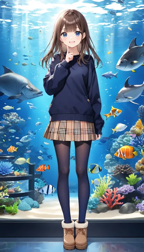 full body、 best quality,  1 girl, solo, small breasts,  dark blue eyes,  brown hair, bangs,  long hair,  from the front,  Read more、 casual, navy knit sweater,  Burberry Nova Check Mini Skirt,  Navy pantyhose, UGG CLASSIC SHORTブーツ,  Aquarium 、In front of t...